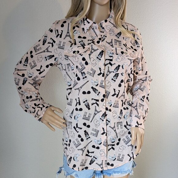 Karl Lagerfeld Button-up Blouse Women's Medium Pink Graphic Cats Paris Top - Picture 2 of 16